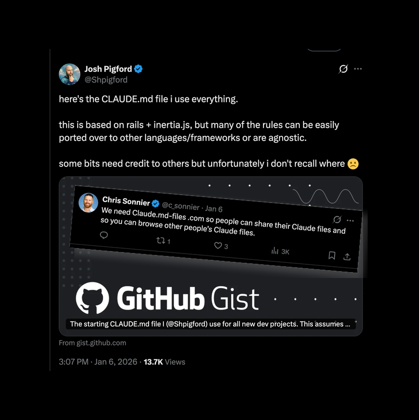 Josh Pigford tweets CLAUDE.md file and Chris Sonnier suggests a central place to share